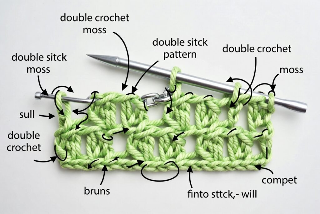 double crochet moss stitch diagram showing dc stitches and chain spaces