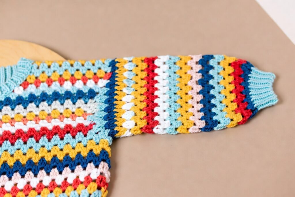 Handmade colorful crochet sweater for kids, cozy fit.