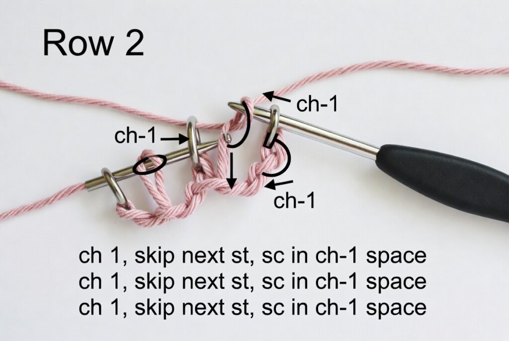 moss stitch crochet row 2 diagram showing single crochet worked into chain space