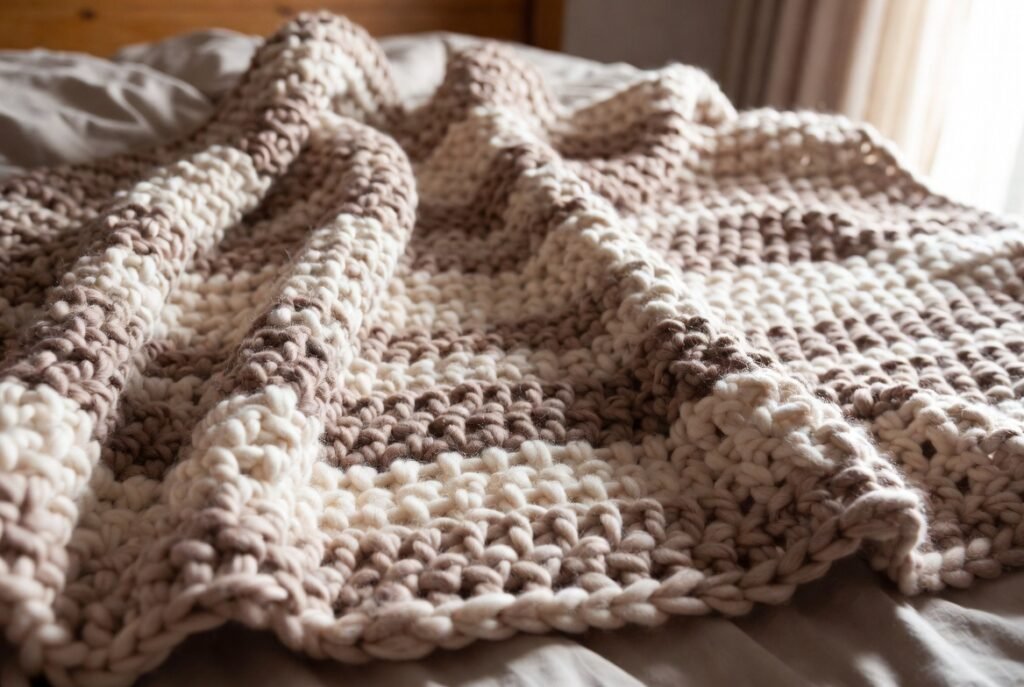 chunky moss stitch crochet blanket made with bulky yarn showing large textured stitches