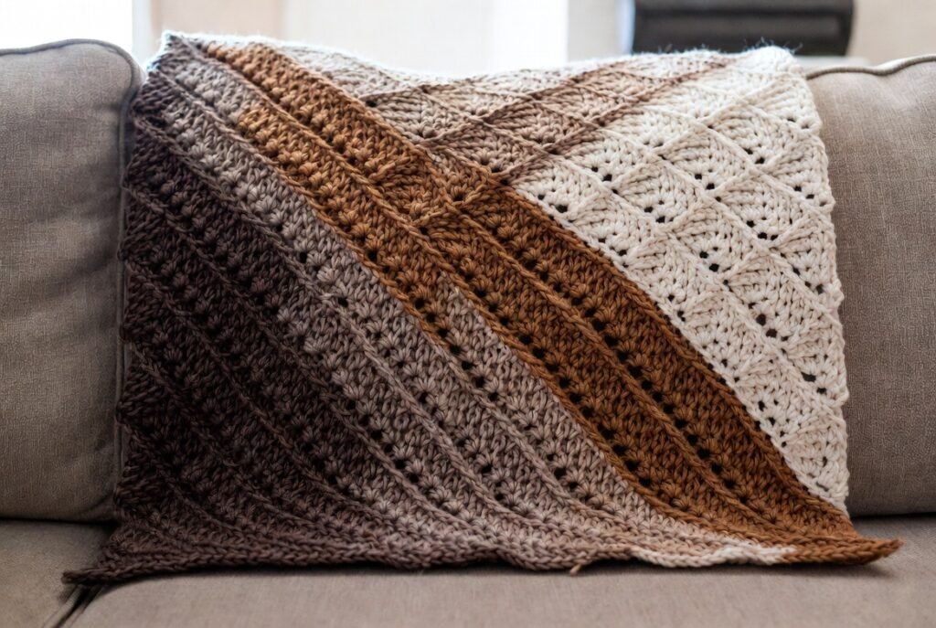 c2c moss stitch crochet blanket with diagonal texture pattern