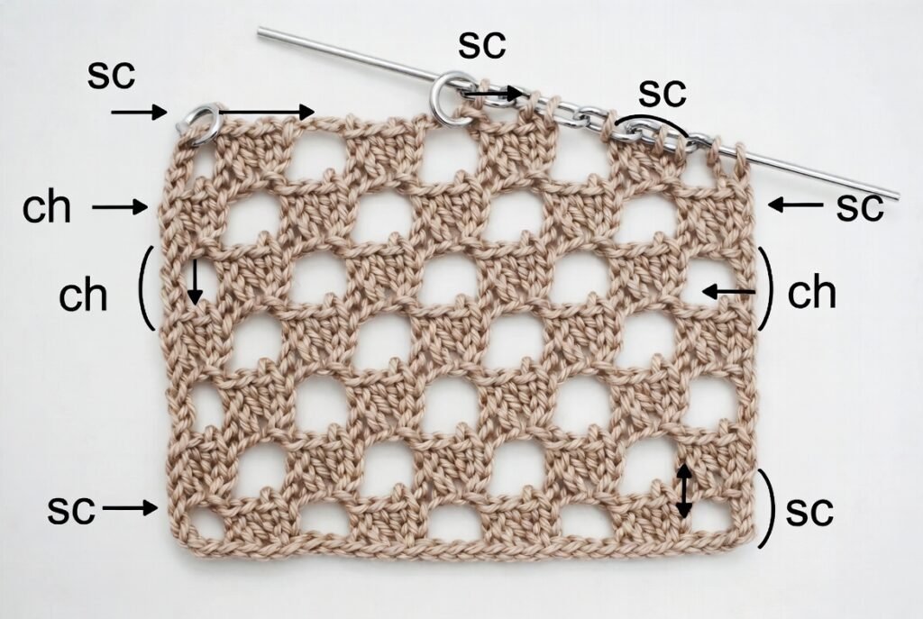 extended moss stitch crochet diagram showing extra chain spaces between stitches