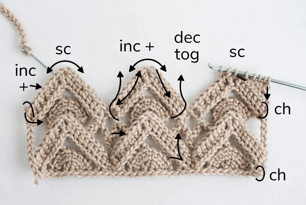 chevron moss stitch crochet zigzag pattern diagram
