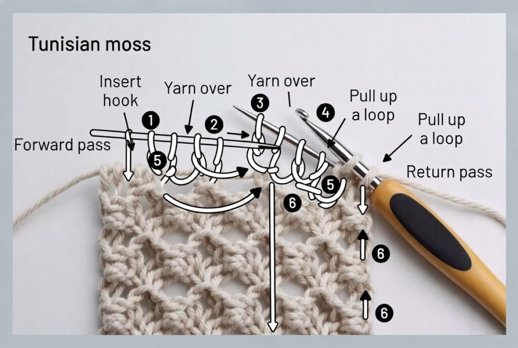 tunisian moss stitch crochet diagram with tunisian hook and woven texture
