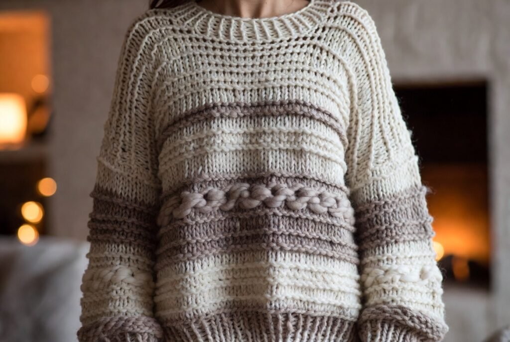 Chunky handmade crochet winter sweater in thick yarn.