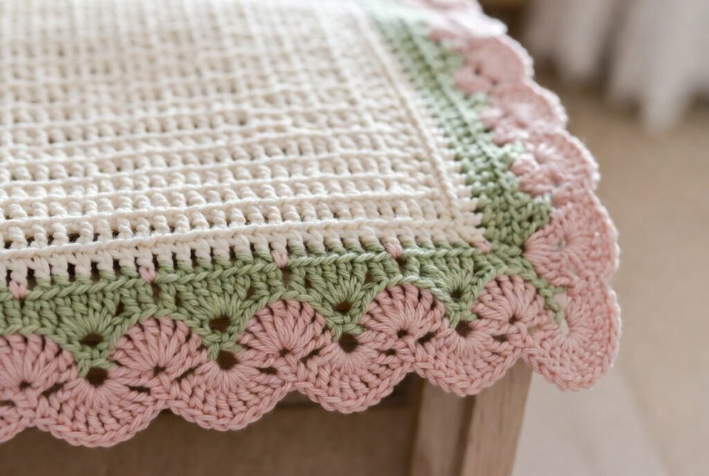 decorative crochet edging with scalloped shell stitch border on moss stitch crochet blanket