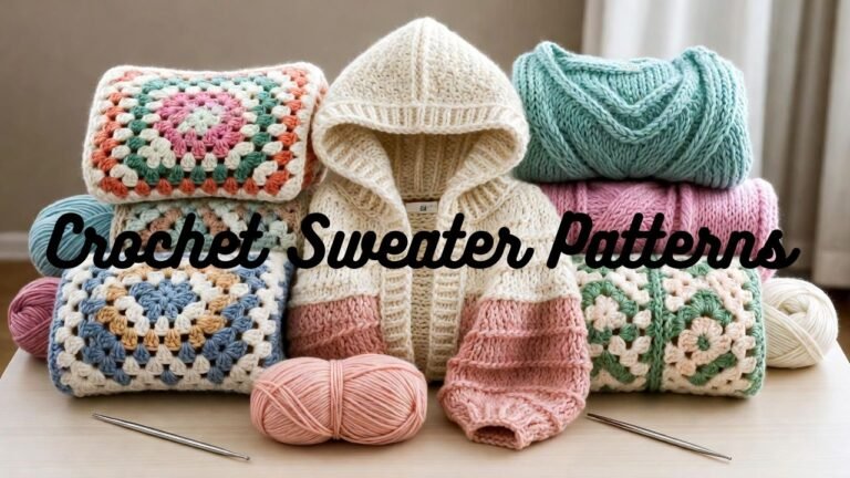 Crochet sweater pattern guide showing granny square sweater, hooded crochet sweater, kids sweater, baby sweater, plus size crochet sweater, crochet cardigan pattern, lightweight summer crochet sweater, and chunky winter crochet sweater ideas.