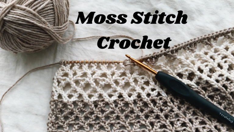 rochet moss stitch tutorial showing textured stitch pattern with crochet hook and yarn