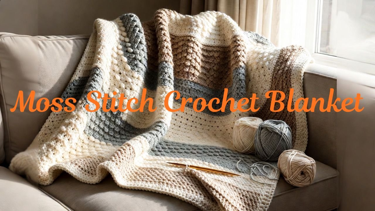 moss stitch crochet blanket with textured stitch pattern displayed on cozy sofa with yarn and crochet hook