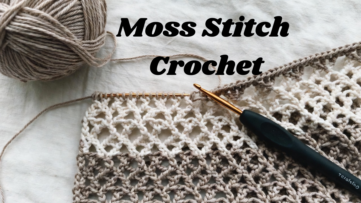 rochet moss stitch tutorial showing textured stitch pattern with crochet hook and yarn