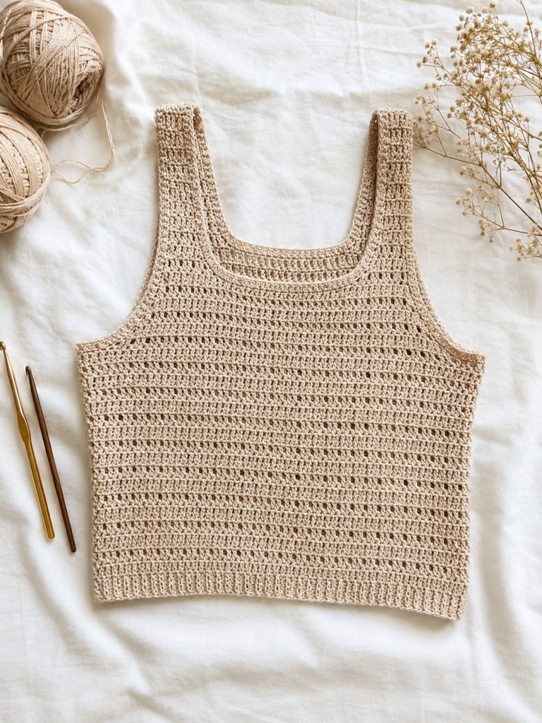Easy crochet tank top pattern for beginners in soft neutral cotton yarn