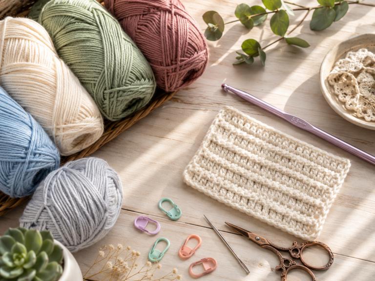 Best yarn for beginner crocheters with smooth worsted-weight yarn skeins in soft colors, a 5.5mm crochet hook, crochet swatch, and beginner crochet supplies arranged on a wooden table.