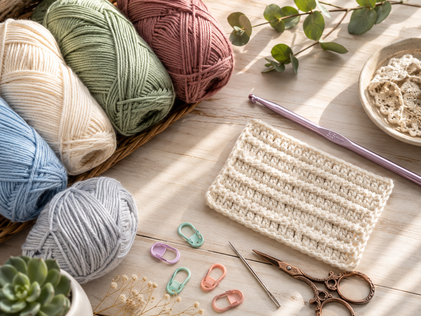 Best yarn for beginner crocheters with smooth worsted-weight yarn skeins in soft colors, a 5.5mm crochet hook, crochet swatch, and beginner crochet supplies arranged on a wooden table.
