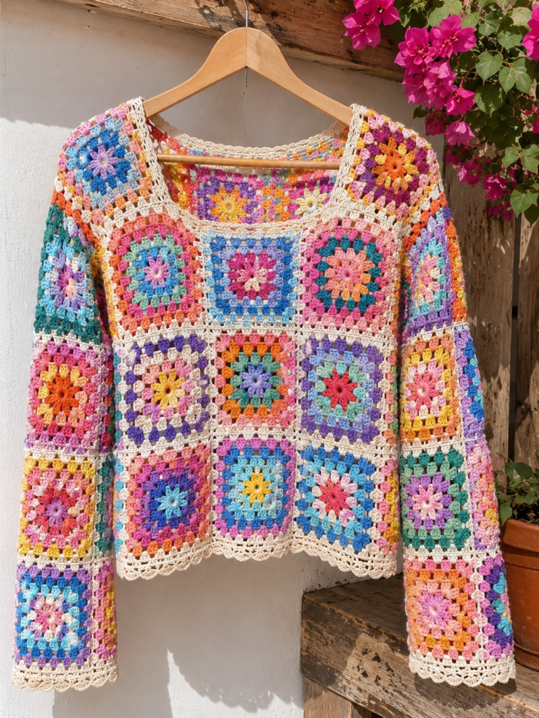 Colorful granny square crochet top pattern for women in boho style.