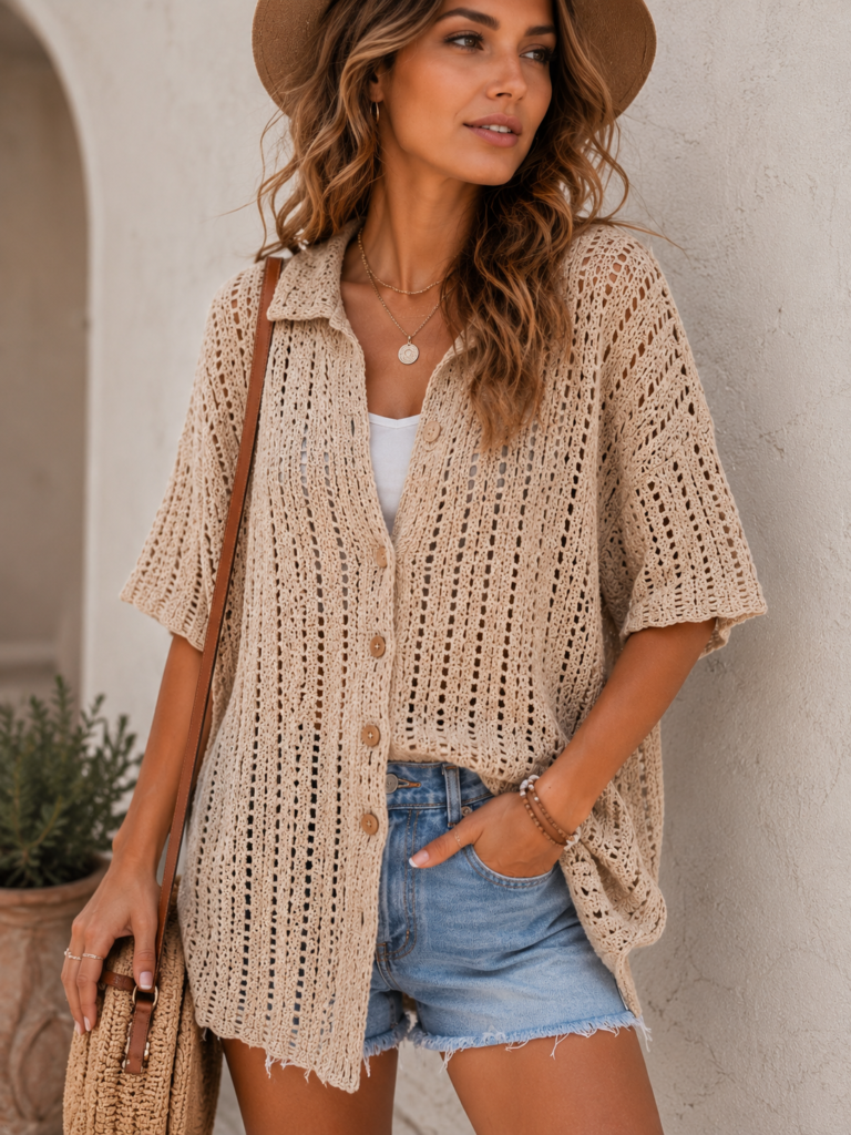 Casual crochet shirt pattern for women with oversized button-up style.