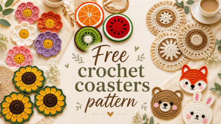 trendy crochet coasters collage with flower fruit boho and animal coaster patterns
