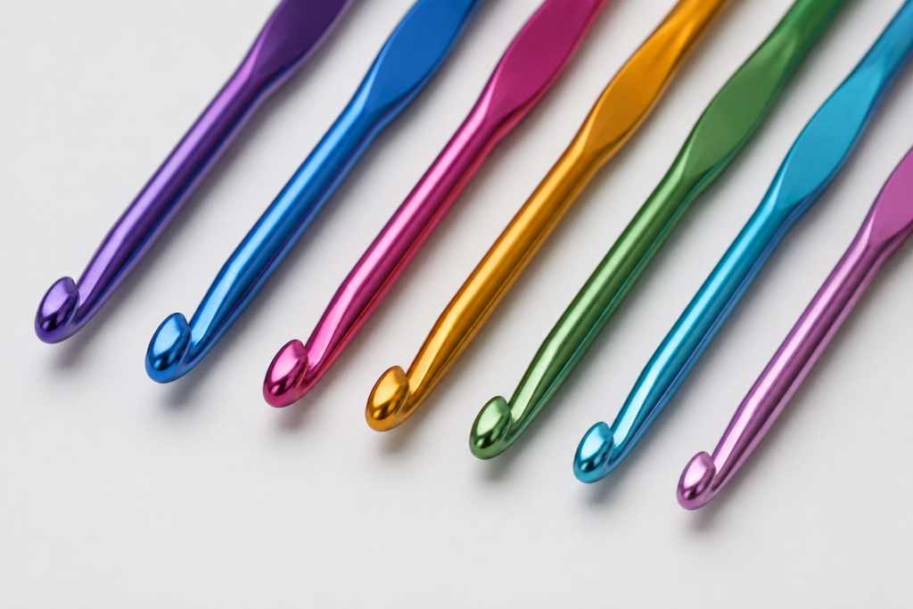 Set of colorful aluminum crochet hooks displayed on a light background with smooth metallic finish.