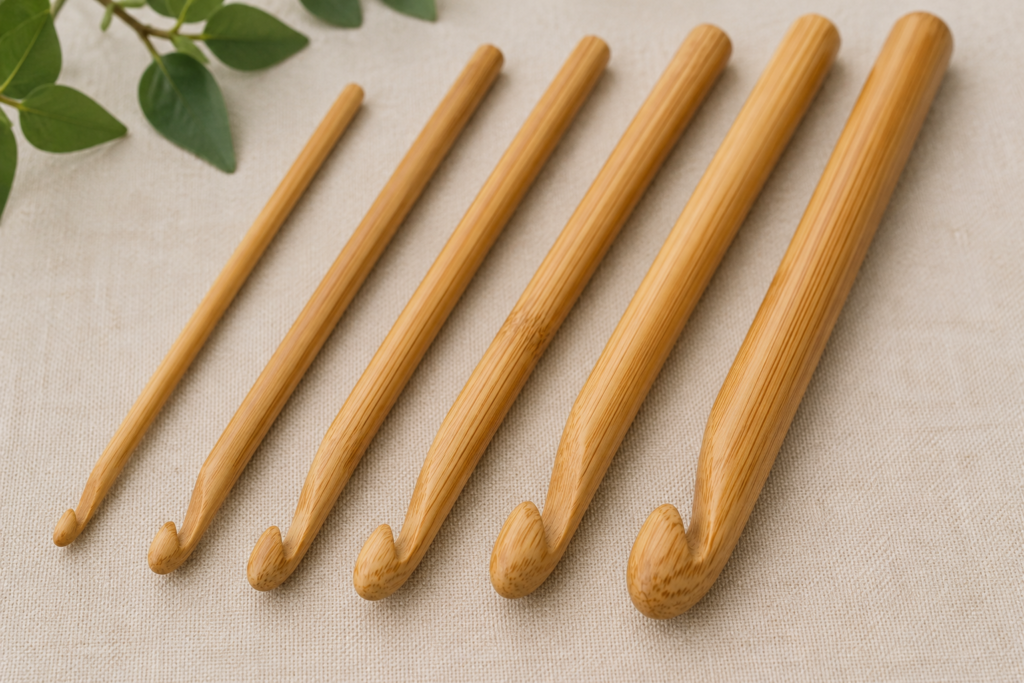 Natural bamboo crochet hooks in different sizes placed on beige fabric with soft lighting.