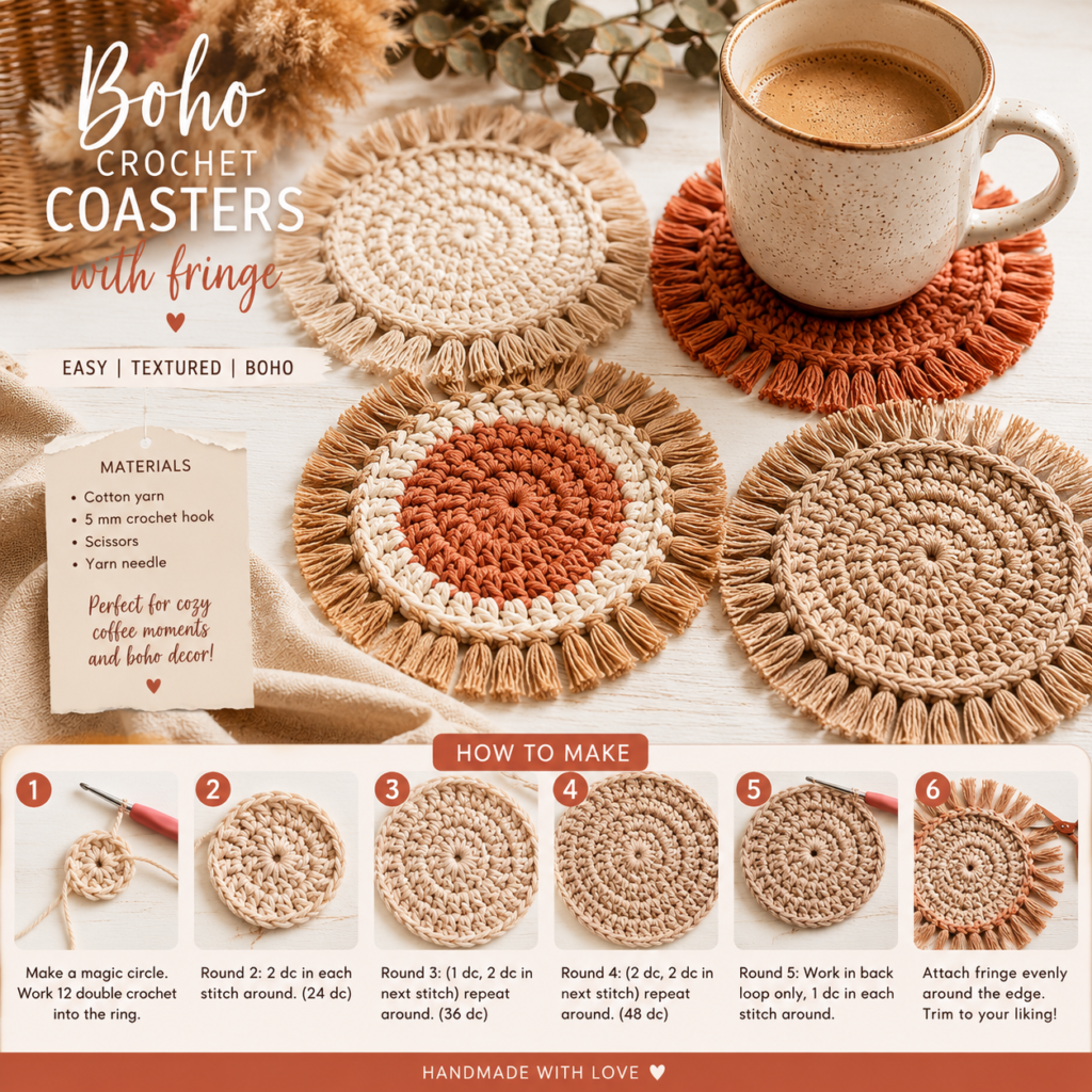 boho crochet coasters with fringe and textured stitches in neutral yarn