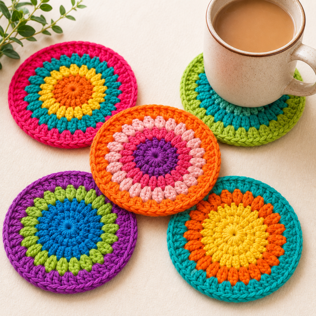 bright colorful crochet coasters in bold rainbow yarn