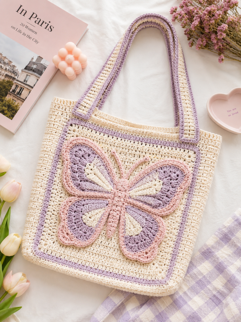 Pastel crochet bag with butterfly motif design