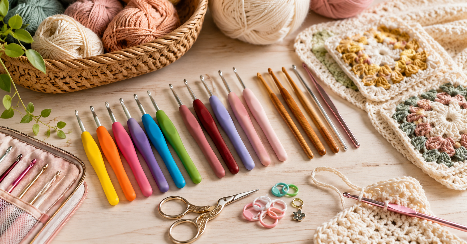 Colorful ergonomic crochet hooks with yarn, granny squares, and crochet accessories arranged on a cozy crochet workspace table