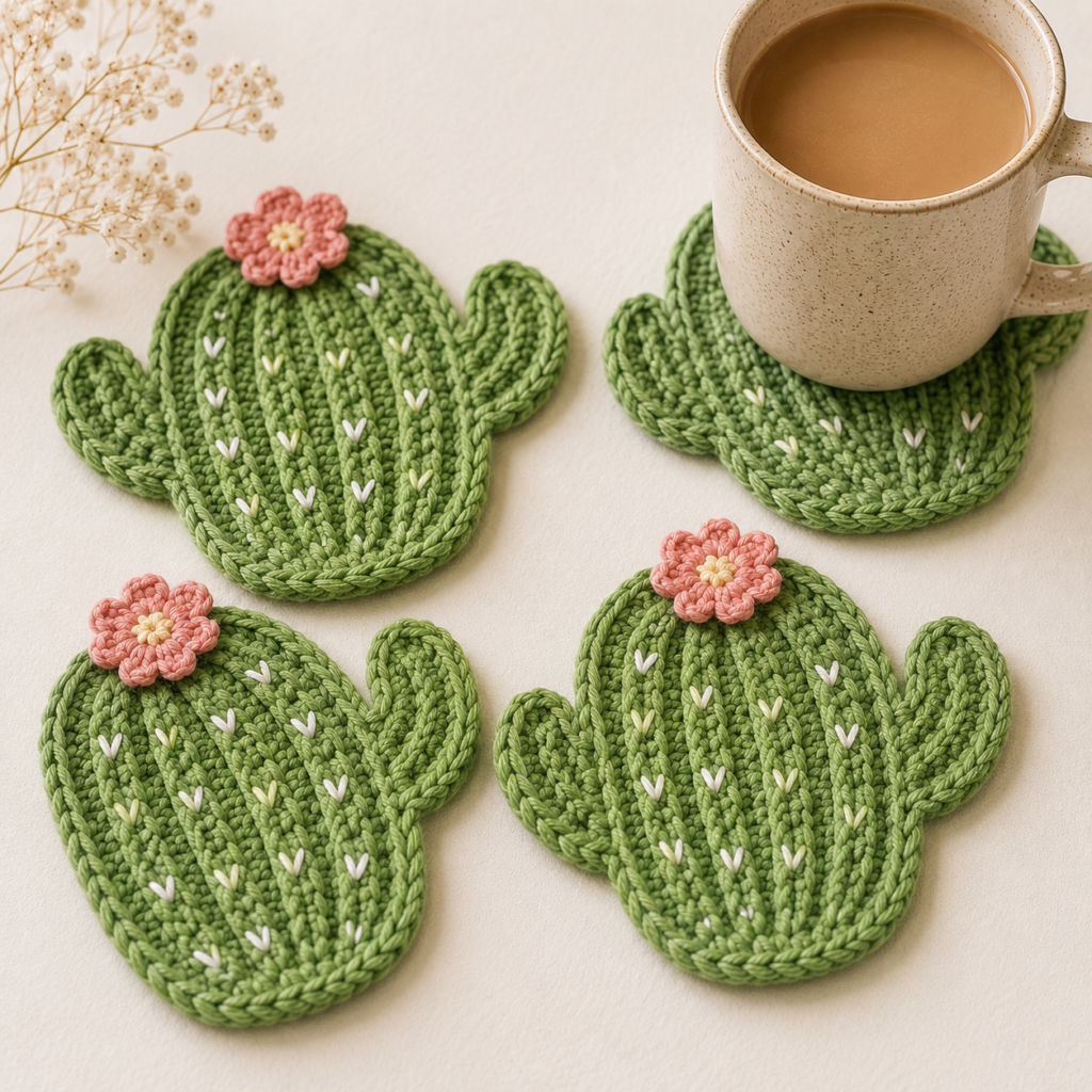 crochet cactus coaster in green yarn with textured design