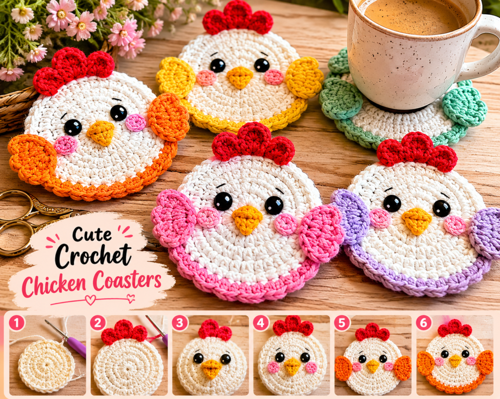 cute crochet chicken coaster handmade with colorful yarn