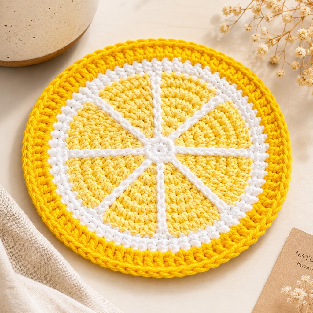 crochet lemon slice coaster with bright yellow yarn