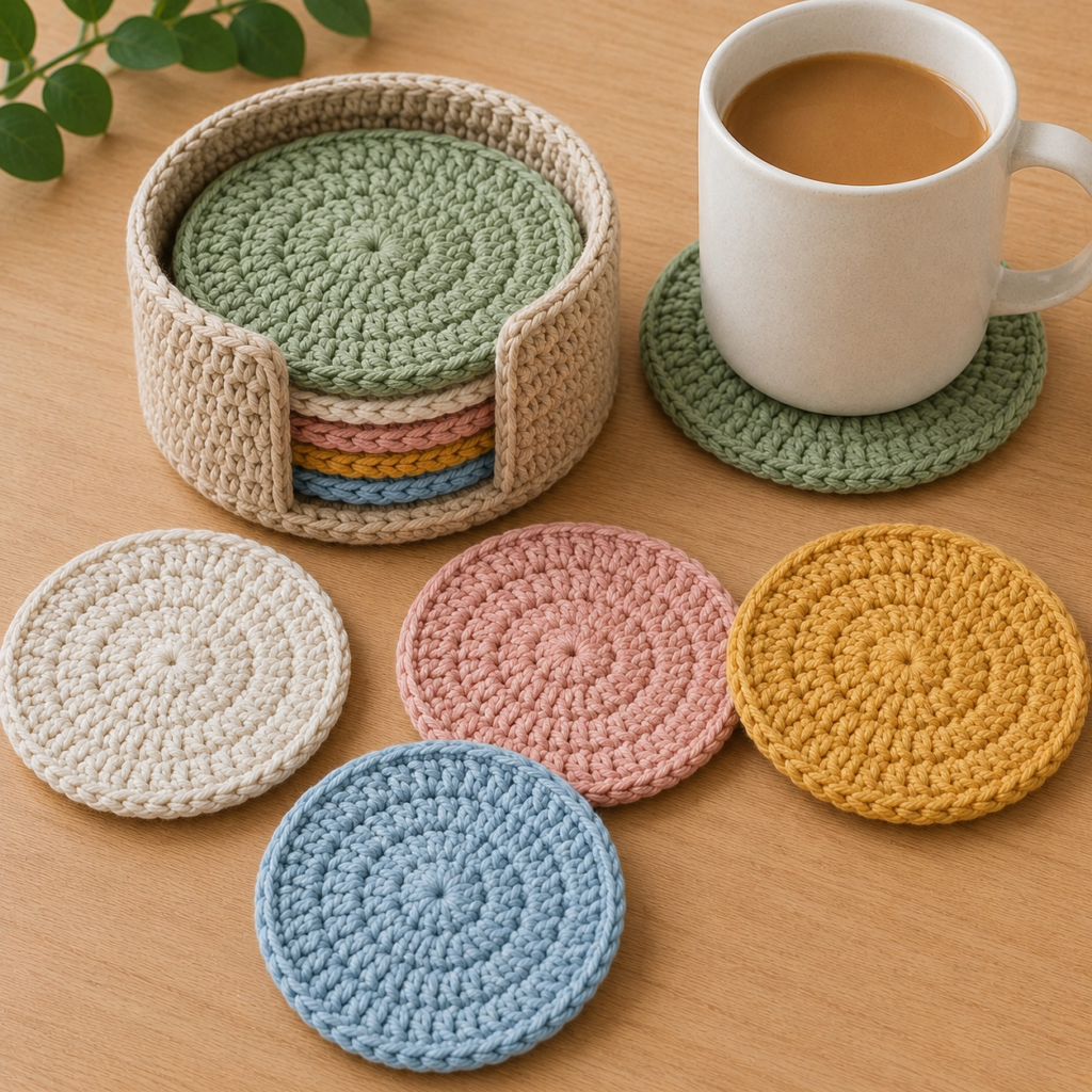 crochet coaster set with matching holder basket made from cotton yarn for home decor and organization