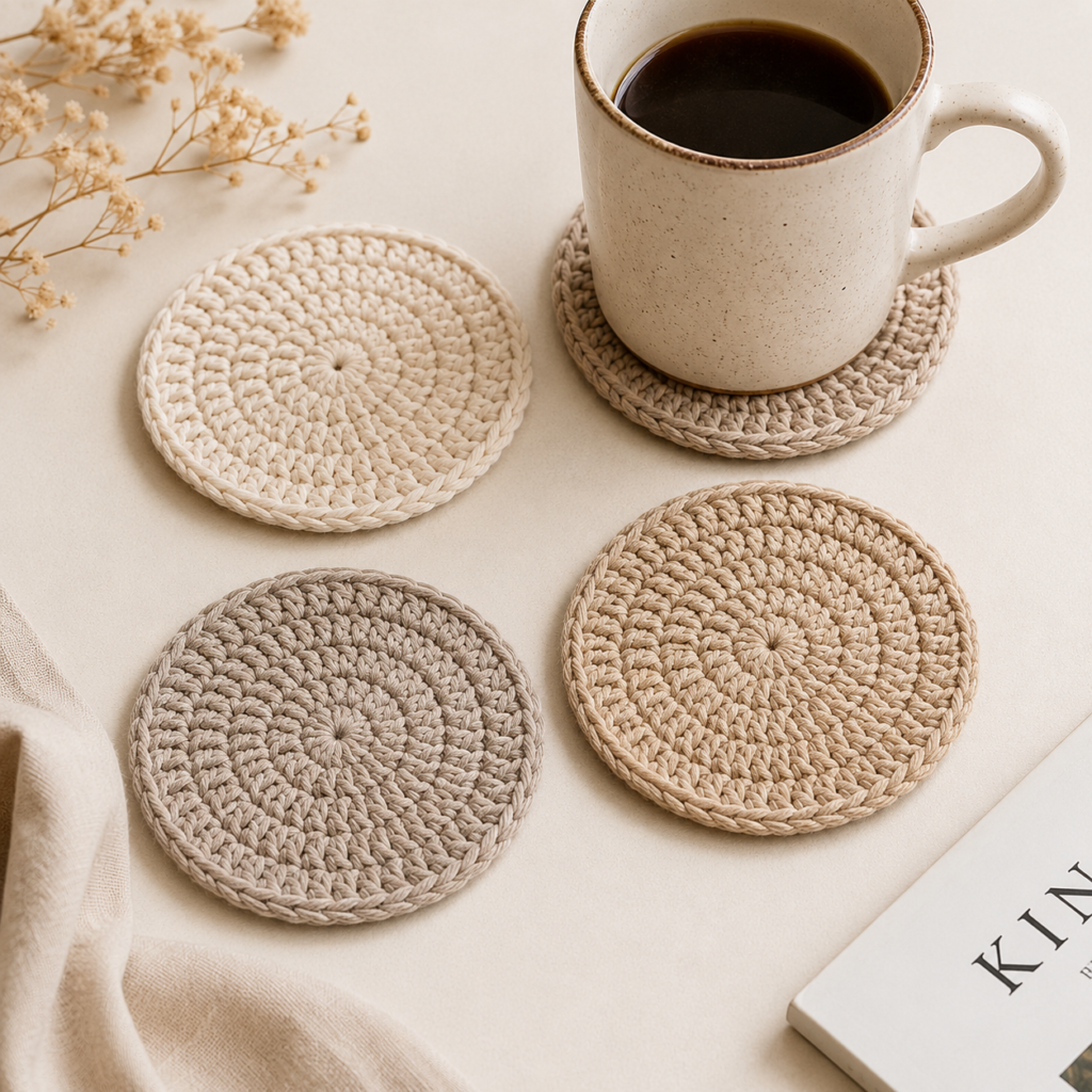 simple crochet coffee coasters in neutral cotton yarn