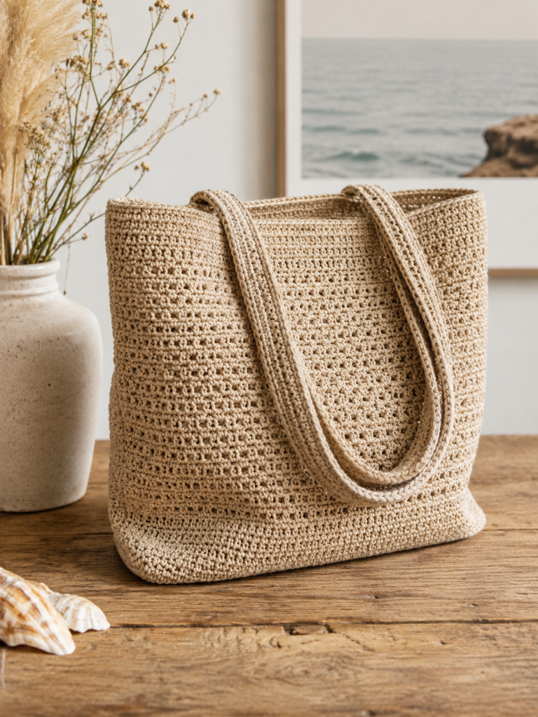 Neutral cotton crochet tote bag with sturdy handles on wooden surface