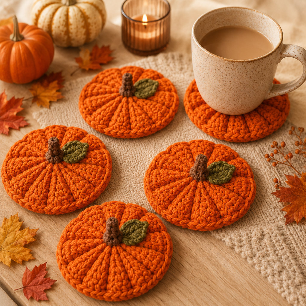 crochet pumpkin coaster with textured ridges in orange yarn