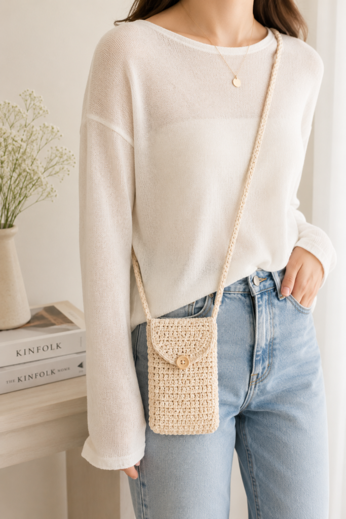 Small crochet crossbody phone holder bag in neutral cotton yarn