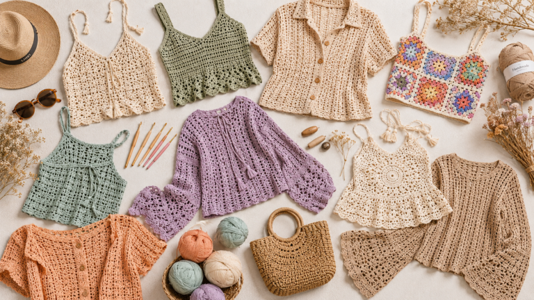 Collection of stylish crochet top patterns for women including tank tops, crop tops, granny square tops, and summer crochet tops.