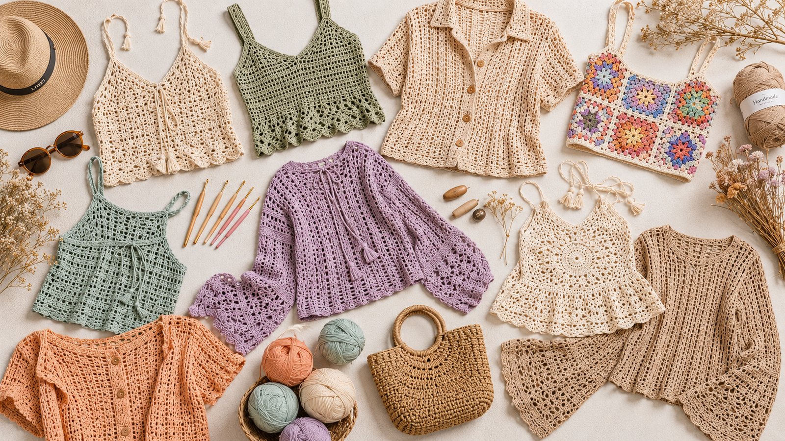Collection of stylish crochet top patterns for women including tank tops, crop tops, granny square tops, and summer crochet tops.