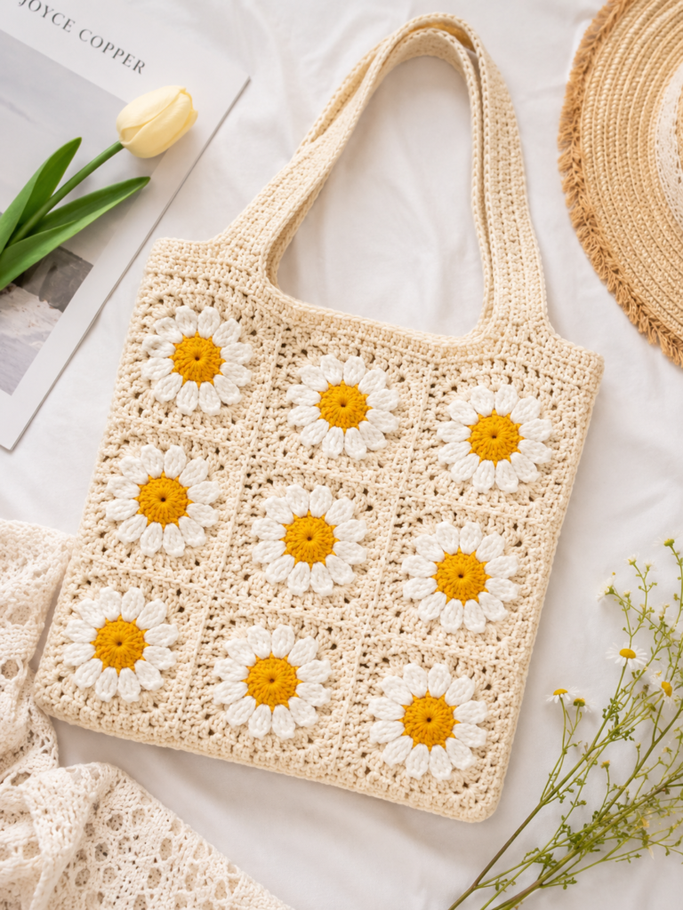 Crochet bag made with daisy flower granny squares in white and yellow
