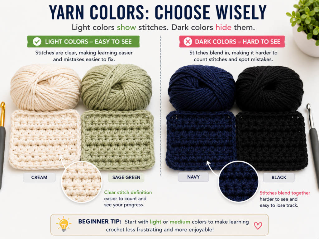 Comparison of black yarn and light-colored yarn showing how dark yarn hides crochet stitches for beginners.