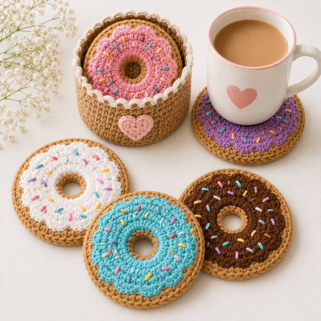 crochet doughnut coasters with colorful icing and holder set