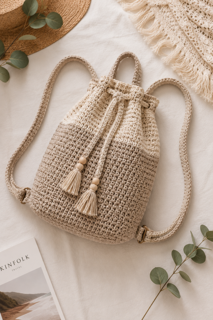 Crochet drawstring backpack with textured stitches and adjustable straps
