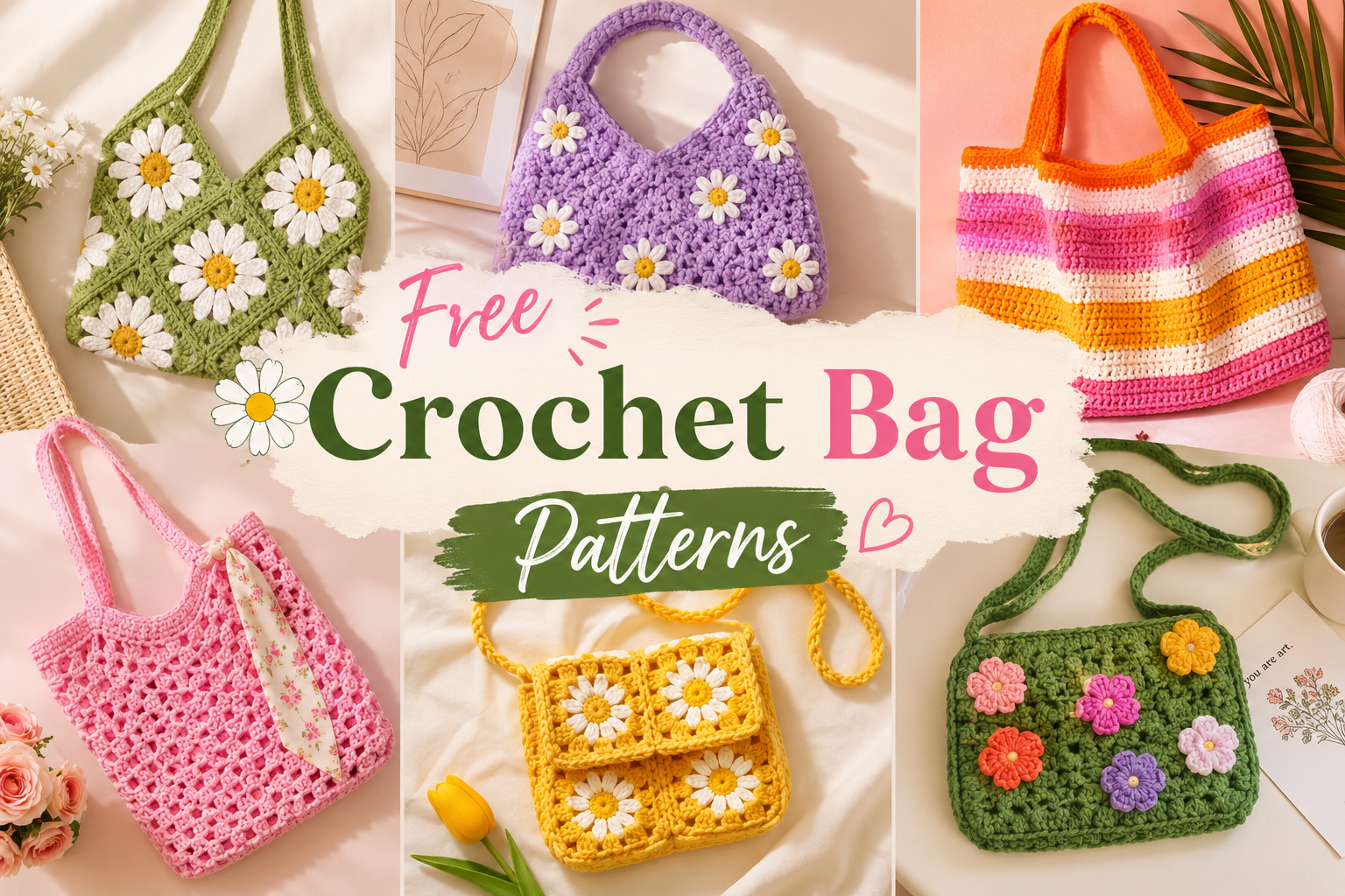 Trendy crochet bag collage with text overlay free crochet bag patterns ideas