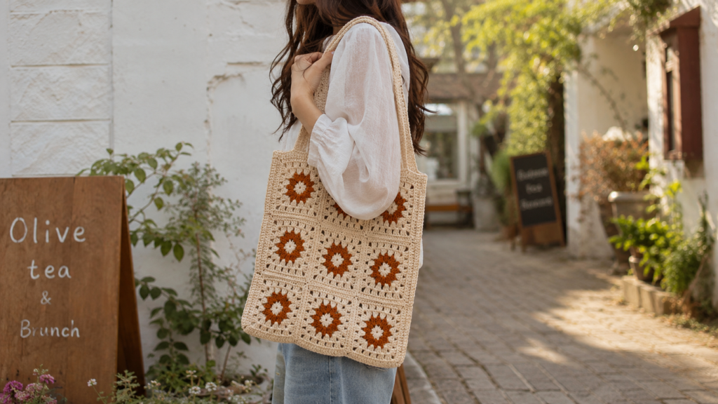 Woman carrying handmade crochet tote bag in natural outdoor setting