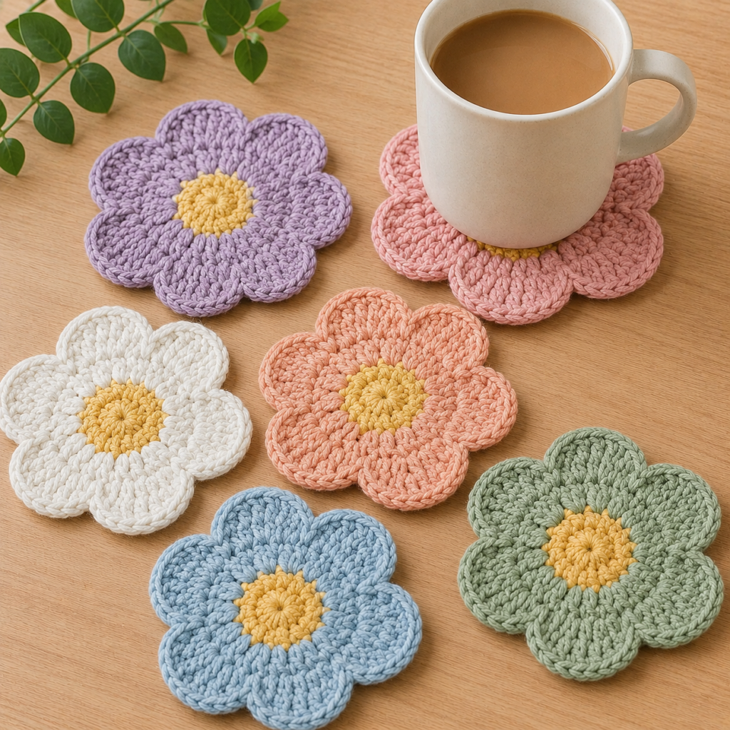 colorful crochet flower coasters with layered petals and textured center