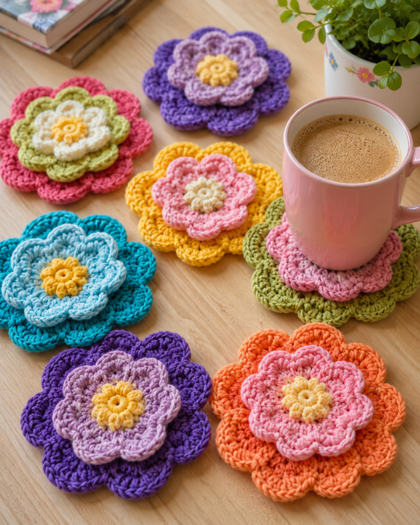 colorful crochet flower coasters with layered petals