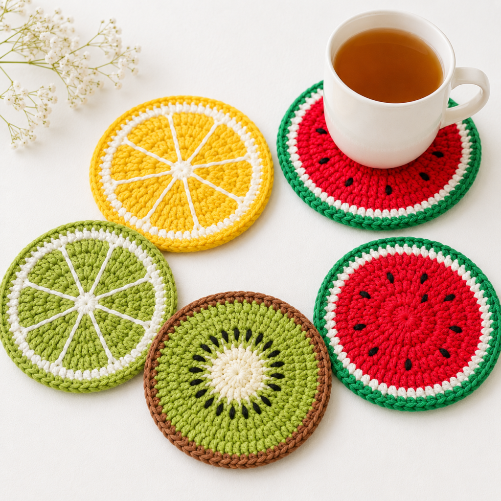 crochet fruit coasters set with watermelon and lemon designs