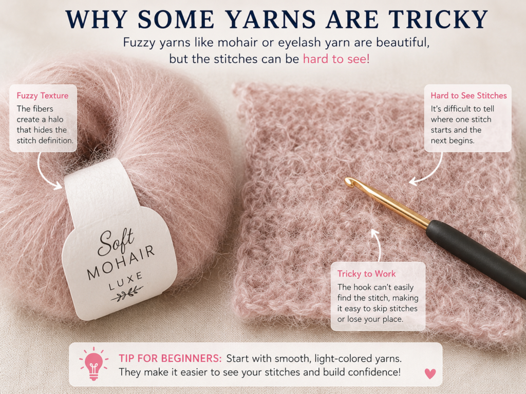 Fuzzy crochet yarn with hidden stitch definition demonstrating why it is difficult for beginner crocheters.