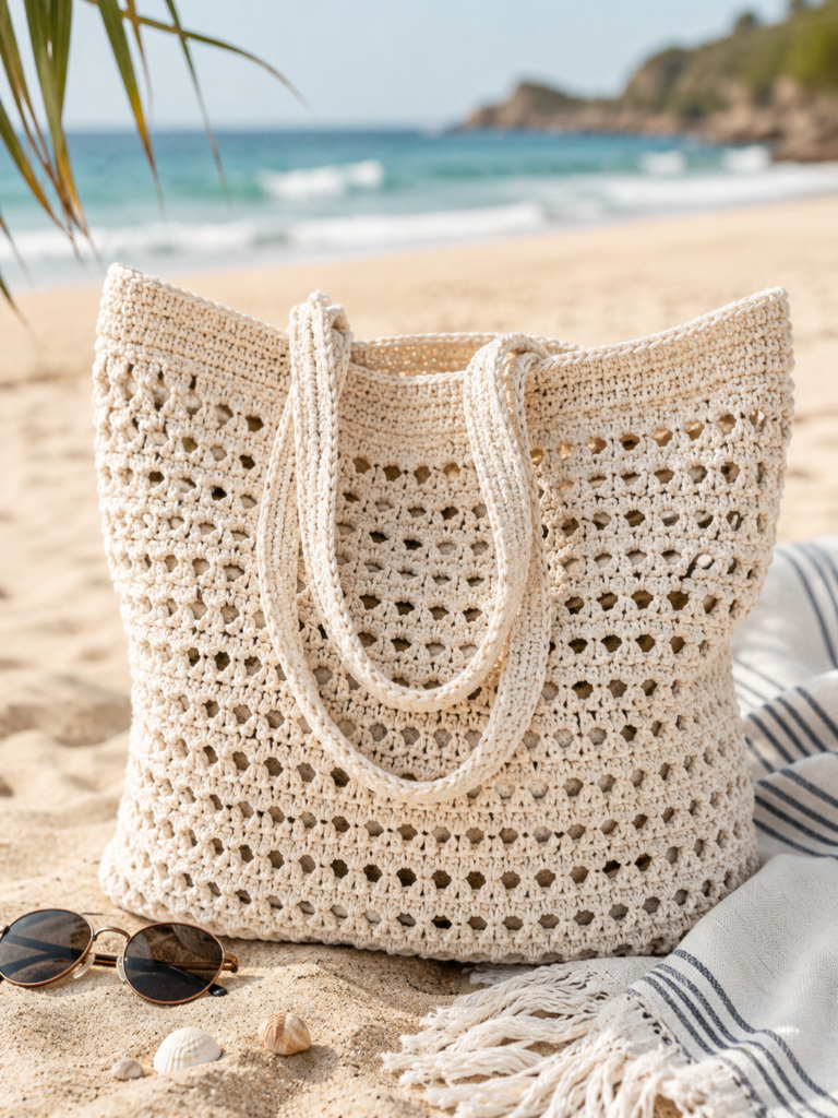 Lightweight crochet beach bag with open stitch pattern on sand