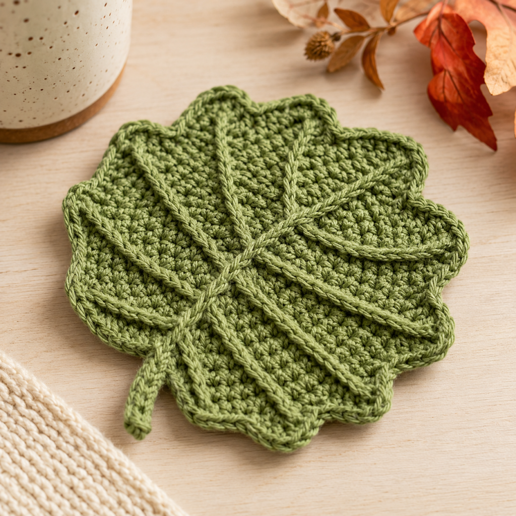 crochet leaf coaster with textured pattern in green yarn