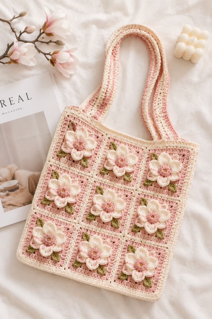 Crochet bag made with magnolia flower granny squares in soft pastel colors