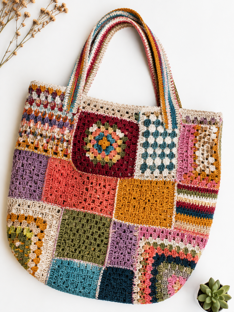 Colorful patchwork crochet tote bag with mixed stitch patterns